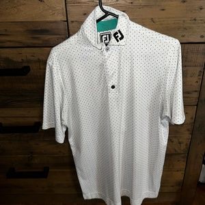 Men’s Footjoy shirt White with teal and black dots fj logo on collar